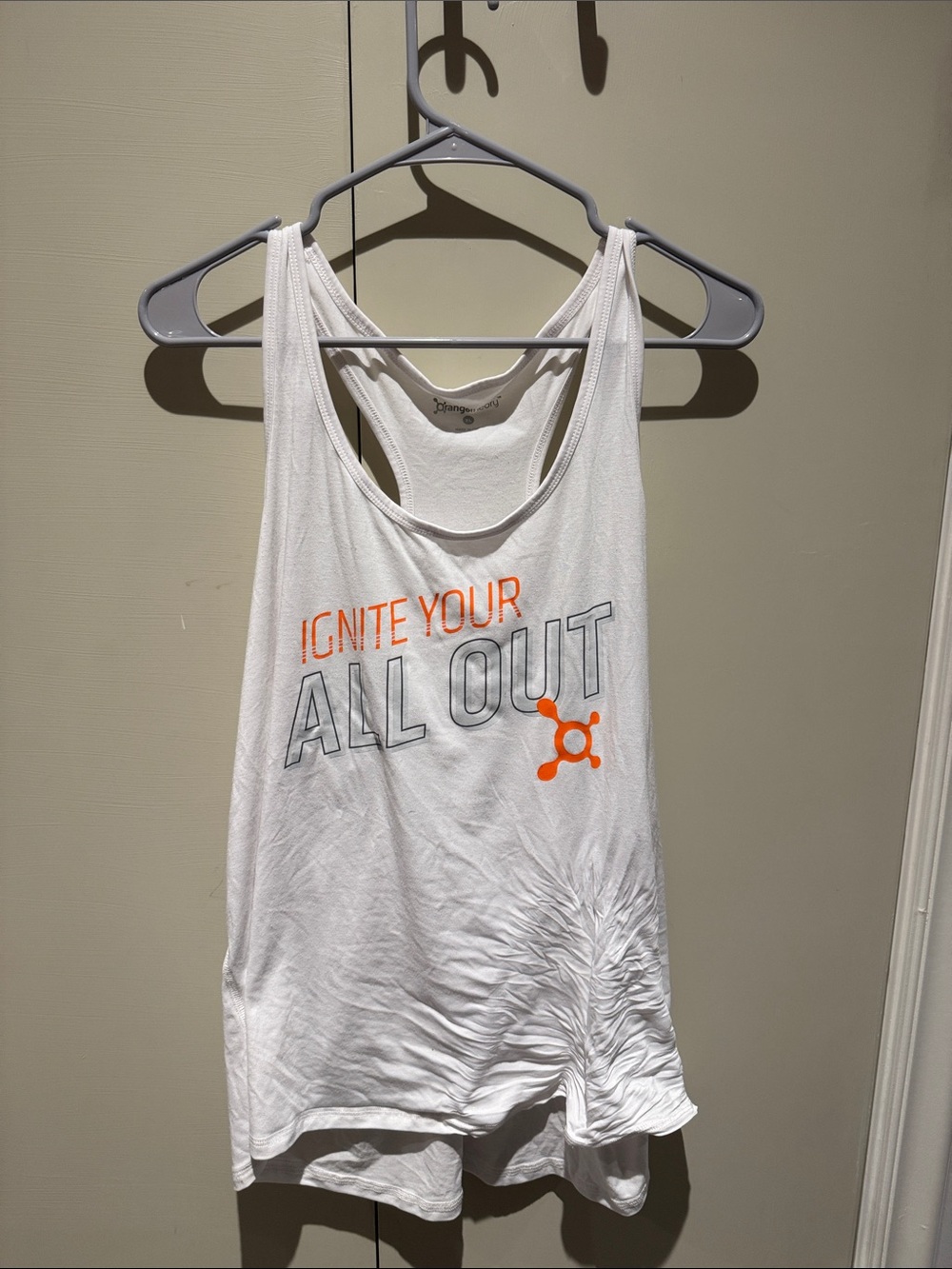 Orangetheory White Racerback Tank with Orange & Gray Print